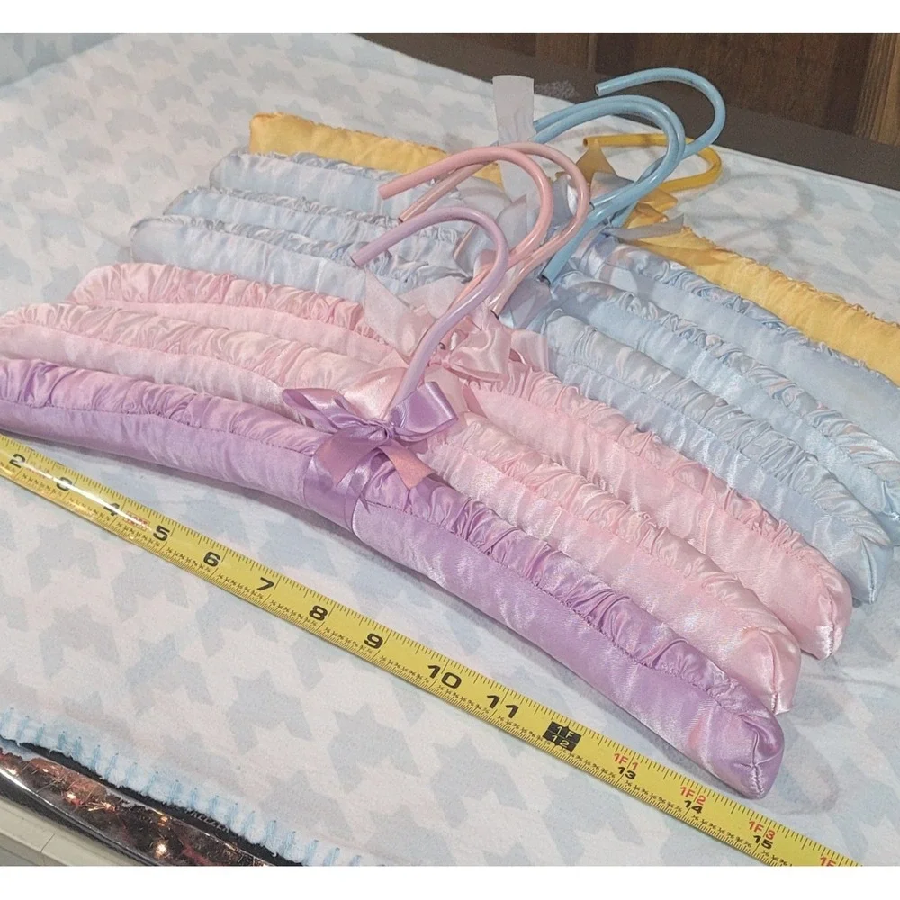 Vtg 7 Padded Satin Lingerie Hangers Pastel Pink Blue Lavender Yellow 15in